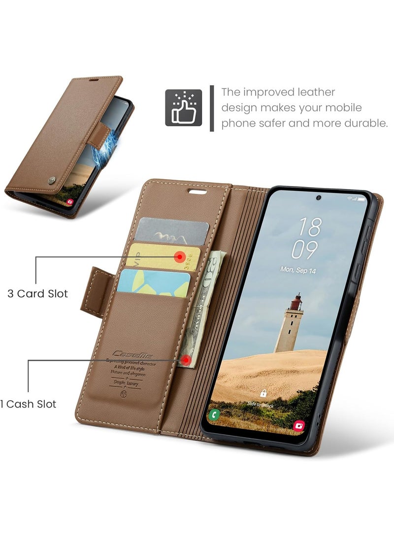 كيس مي غطاء حالة سامسونج غالاكسي A57 ، PU جلد محفظة Flip ، رقيقة وخفيفة الوزن ، مع حظر RFID ، حامل البطاقة ، وظيفة الوقوف ، واقية مقاومة للصدمات ، دعم الشحن اللاسلكي ، ملحقات الجوال (البنية) - Image 3